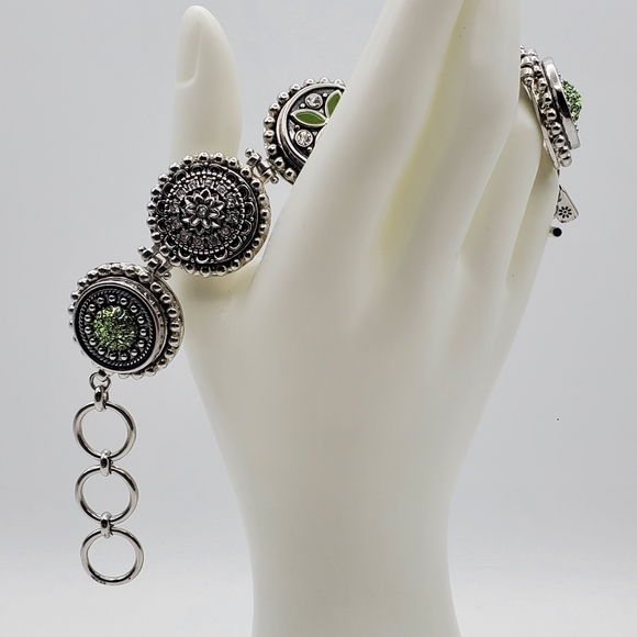 GS Silver Tone Green Rhinestone Bracelet Enamel Link Fashion Jewelry 7 1/2" - Picture 4 of 10